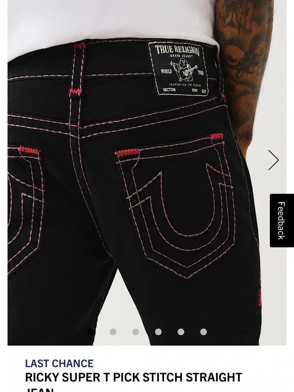 True Religion Men's Black Jeans with Red Contrast Stitching